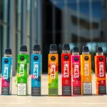 Experience the vibrant FIFTY BAR 6.5K disposable vapes with colorful flavors in a lively urban setting.