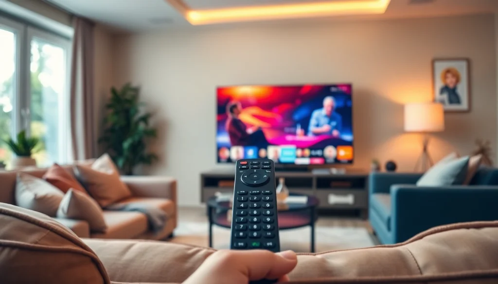 Comprar IPTV en un moderno entorno de sala, mostrando televisión en vivo y un control remoto atractivo.