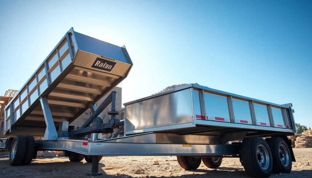 Dump trailer for sale near me unloading gravel at a construction site.