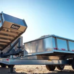 Dump trailer for sale near me unloading gravel at a construction site.