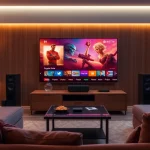 Comprar IPTV en un moderno salón con un televisor inteligente y un ambiente acogedor.