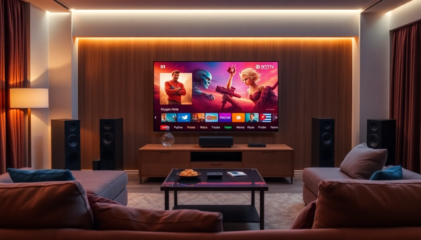 Comprar IPTV en un moderno salón con un televisor inteligente y un ambiente acogedor.