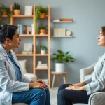 Therapist supports patient addressing anxiety in a warm, inviting office setting.