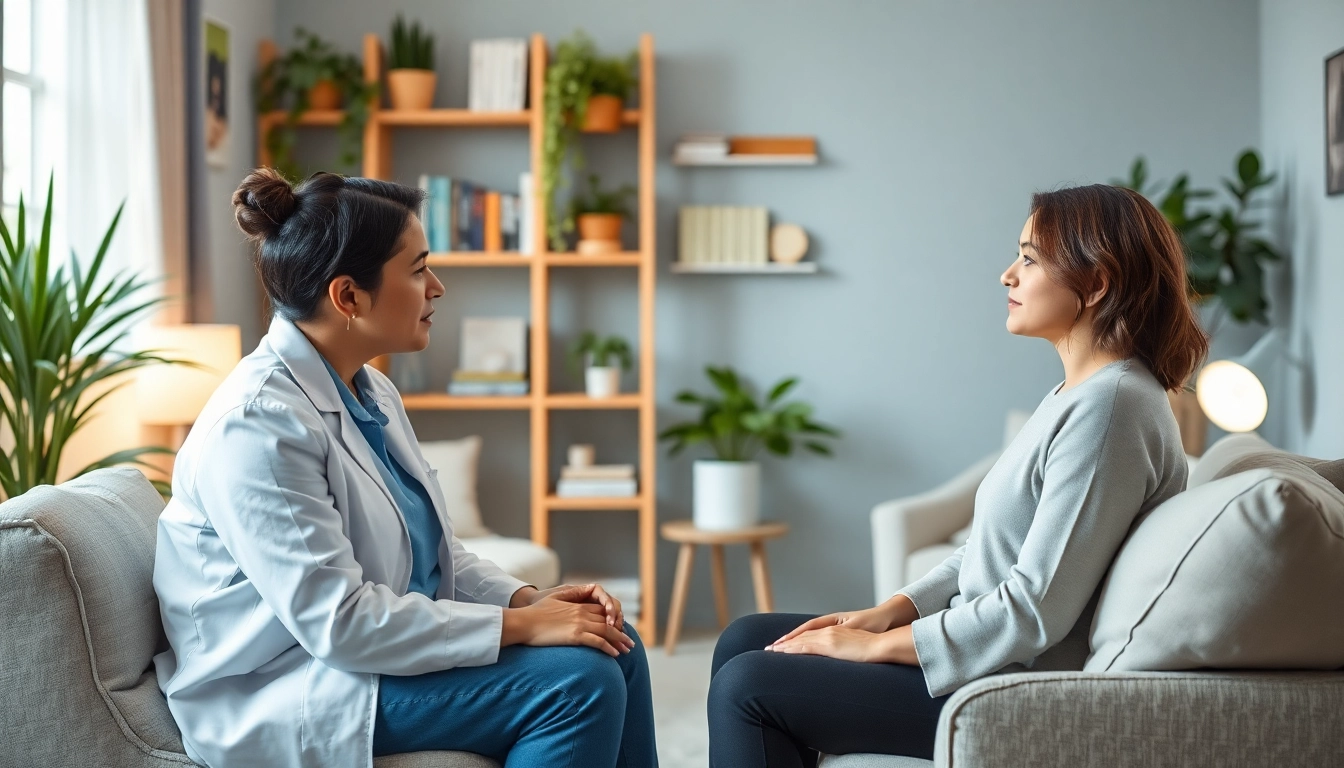 Therapist supports patient addressing anxiety in a warm, inviting office setting.