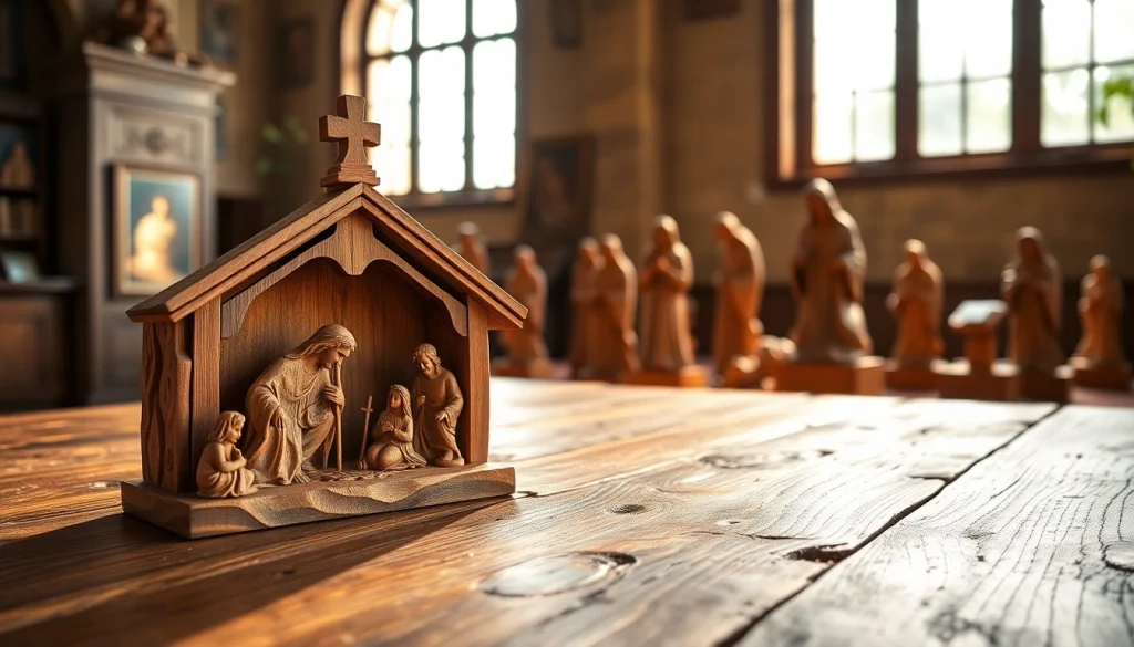 Admire Olive wood carvings showcasing intricate craftsmanship in a serene gallery.