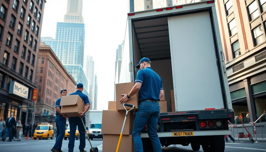 Best movers nyc in action loading boxes onto a truck in a vibrant NYC neighborhood.
