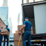 Best movers nyc in action loading boxes onto a truck in a vibrant NYC neighborhood.