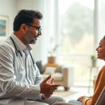 Psychiatrist engaging with a patient in a comforting office setting to promote mental wellness.