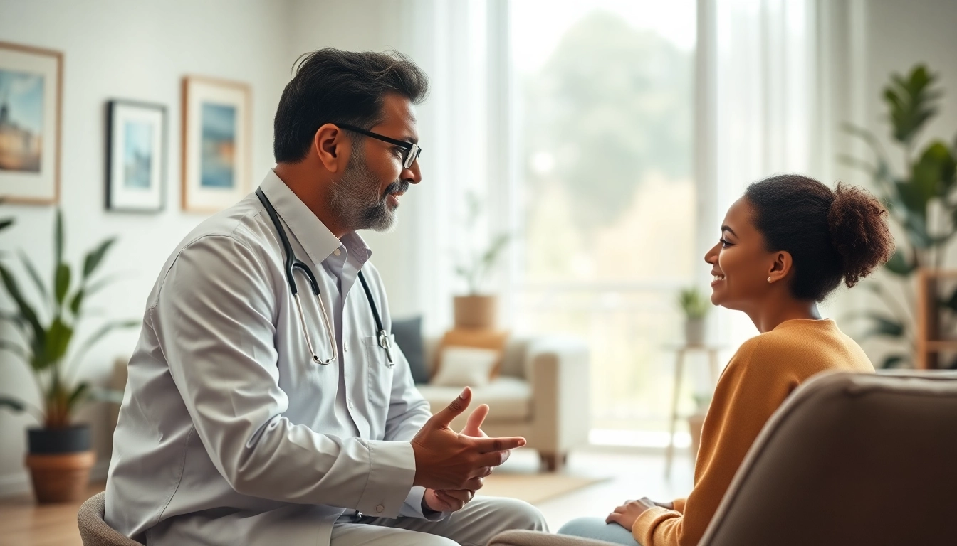 Psychiatrist engaging with a patient in a comforting office setting to promote mental wellness.